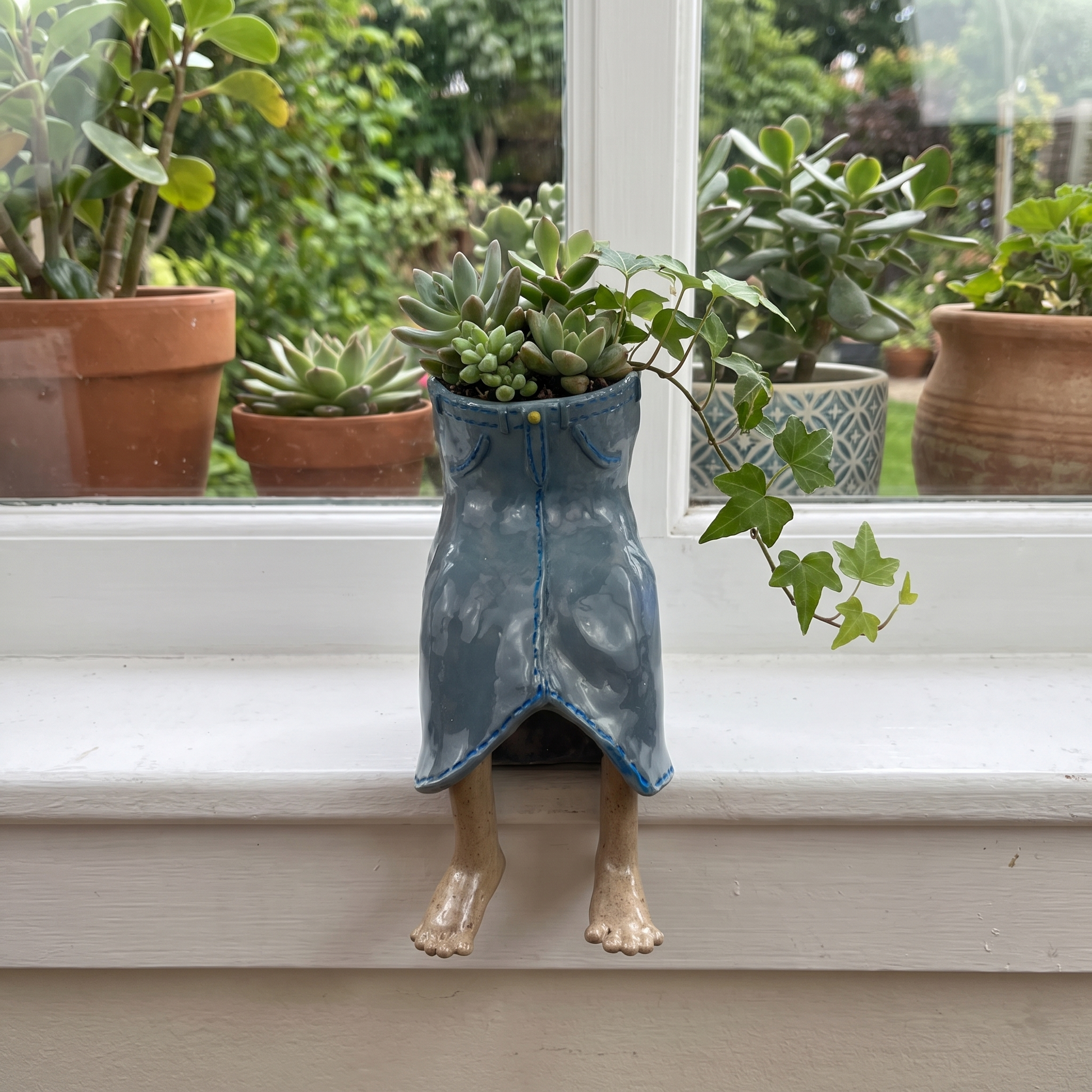 Denim skirt dangling-legs plant pot