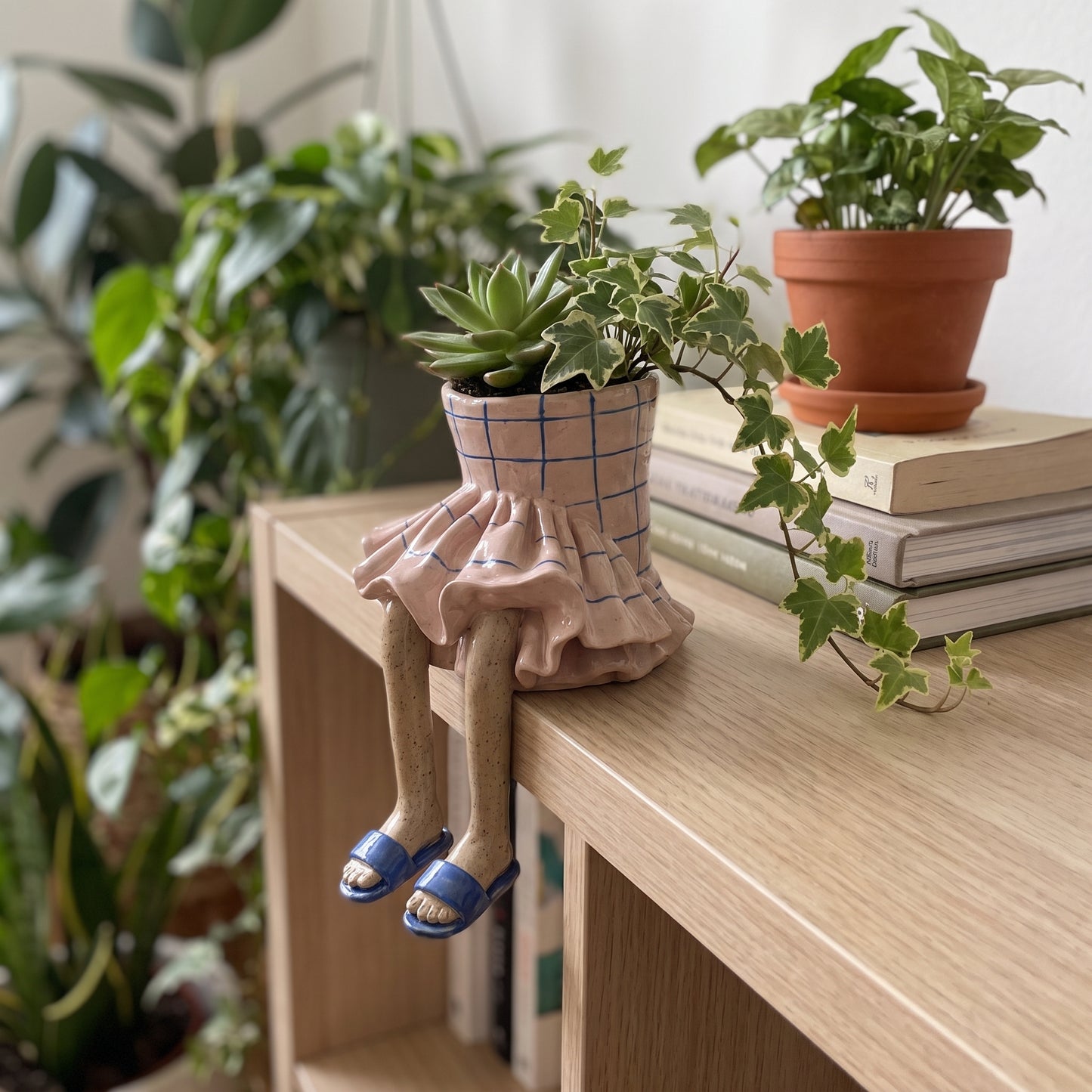 Pink check skirt dangling-legs plant pot