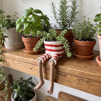 Red striped socks dangling-legs plant pot