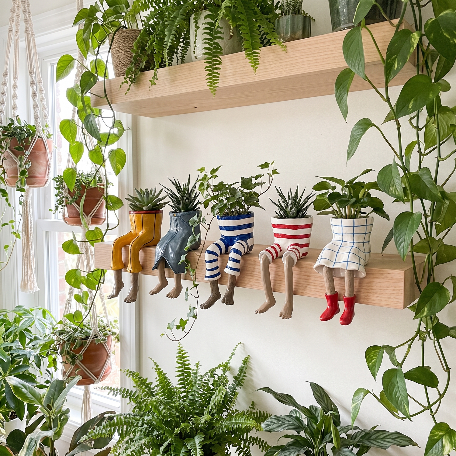 Whimsical dangling-legs plant pots styled on a plant shelf