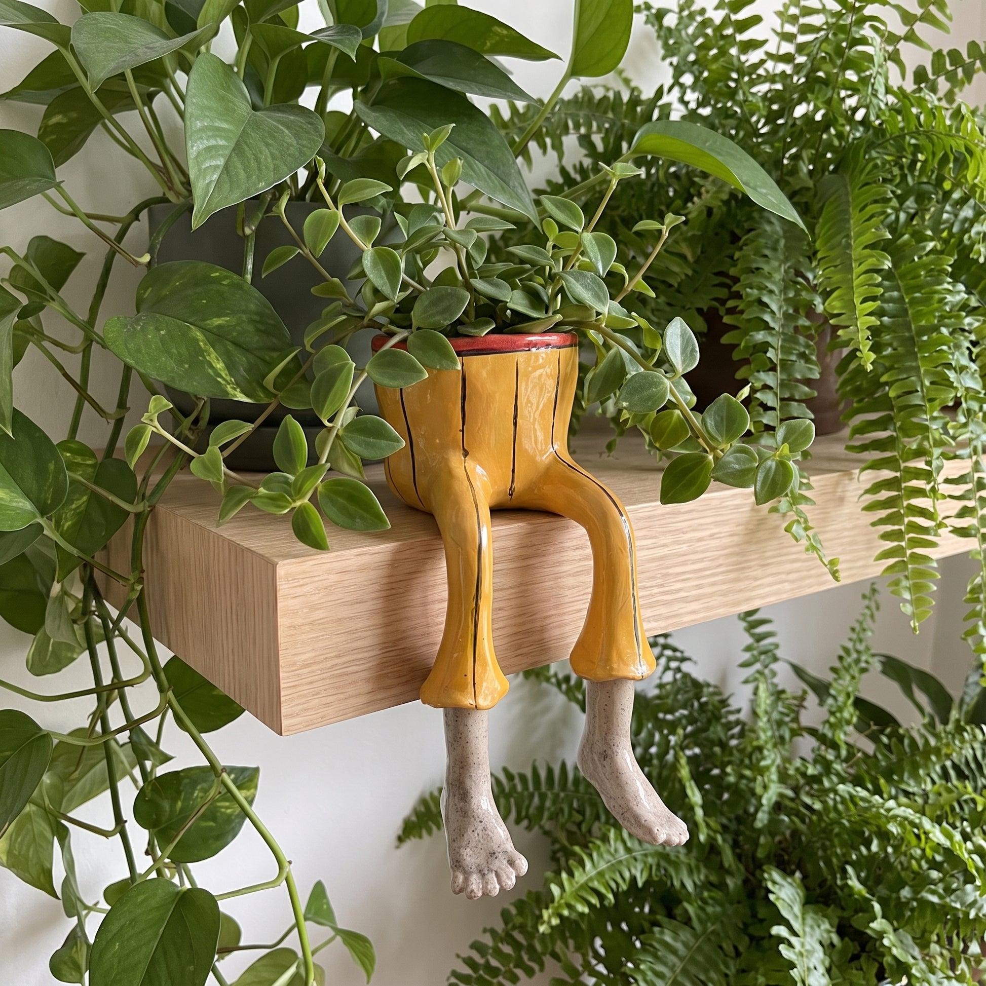 Yellow flared trousers dangling-legs plant pot